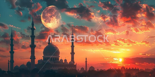 Calling Muslims to prayer, worship and getting closer to God, the charming sunset scene of the Grand Mosque with the legal moon, the geometric architectural art of minarets and domes on Islamic talents