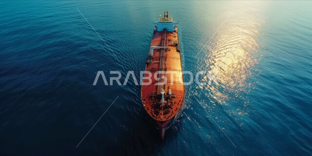 استخدام الوسائل المتطورة الحديثه في الإستيراد والتصدير، التبادل التجاري البحري في المملكة العربية السعودية, منظر جوي لسفينة شحن ضخمة تسافر في وسط المحيط