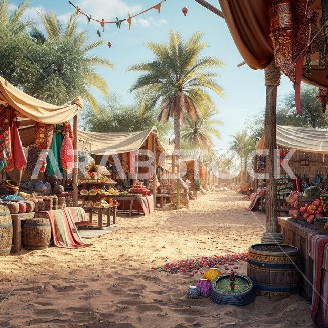 السوق الشعبي القديم محاط بشجر النخل، التراث العربي الأصيل ، اماكن مهنية وطبيعية ، مناطق تراثية قديمة, السماء الصافية الزرقاء
