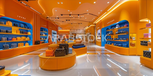  التصميم الداخلي لصالة متجر حقائب اليد الفاخر بديكور جذاب، ديكورات وتصاميم داخلية للمتاجر والصالت، أثاث داخلي راقي على الطراز الحديث في المملكة العربية السعودية، الأنوار والأضواء المضيئة 