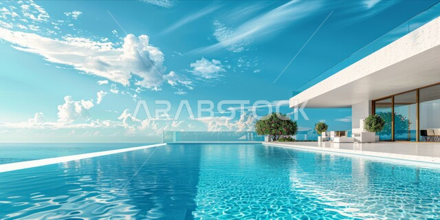 الفنون الهندسية المعمارية للشقق و الفلل السكنية ،تصاميم عصرية مميزة لحوض السباحة الأزرق ،الاهتمام في زراعه الاشجار النباتات الخضراء في حديقة مجمع سكني فاخر، خلفية الطبيعه