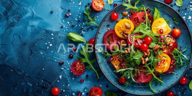 سلطات صيفية منعشة، فنون تقديم الطعام في مطاعم المملكة العربية السعودية، المأكولات الشرقية الشهية، وصفات الاطعمة التقليدية، وجبات وأطباق شعبية، صورة مقربة لطبق من السلطة 