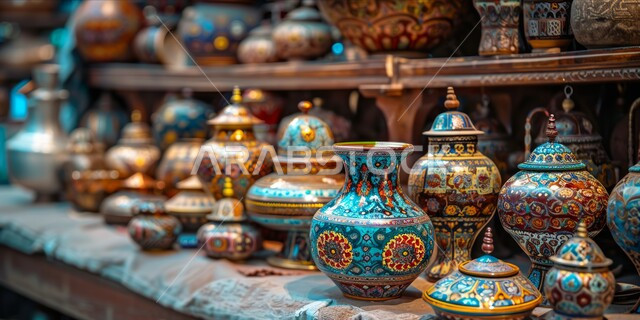 الأواني والمنتجات الفخارية المصنوعة من الطين، متجر لبيع أواني الفخار في السوق الشعبي التقليدي، مهن وصناعات يدوية شعبية تراثية قديمة بالمملكة العربية السعودية، شراء الهدايا التذكارية والفخارات الملونة والمزخرفة