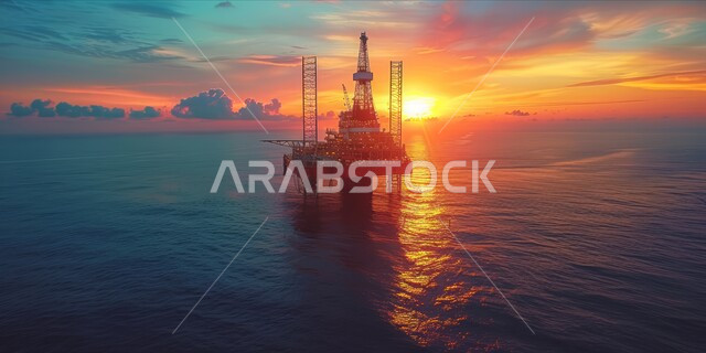 جودة الأدوات والمعدات لصناعة وتخزين البترول، منصة نفط لاستنباط الزيوت, استخراج وتصدير الثروات الباطنية، صورة مقربة لحفارة تقوم بالتنقيب عن النفط وسط البحر وقت الغروب, آلات حفر ضخمة