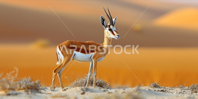 الرمال الذهبية الناعمة، غزال بني اللون ذات قرون طويلة مستقيمة وذيل يقف وسط الصحراء في النهار، صورة لحيوان المها العربي في أحد المحميات الطبيعية بالمملكة العربية السعودية، مزارع لتربية الحيوانات والماشية