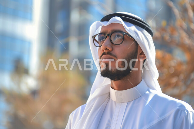 الاهتمام بالأناقة والمظهر الخارجي، بورتريه مقرب لرجل عربي خليجي سعودي يرتدي الثوب التقليدي و الغترة مع العقال, النظر إلى الأعلى بتعابير الاستياء