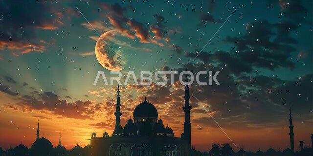 دعوة المسلمين إلى الصلاه, العباده والتقرب إلى الله, منظر غروب الشمس الساحر للمسجد الكبير مع ظهور القمر, الفن الهندسي المعماري للمآذن والقبب على الطراز الإسلامي
