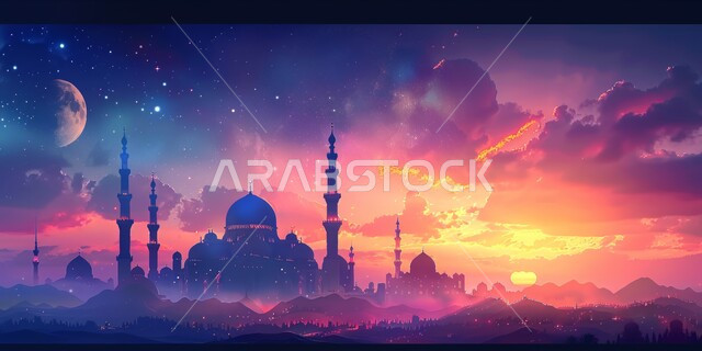 دعوة المسلمين إلى الصلاه, العباده والتقرب إلى الله, منظر غروب الشمس الساحر للمسجد الكبير مع ظهور القمر, الفن الهندسي المعماري للمآذن والقبب على الطراز الإسلامي
