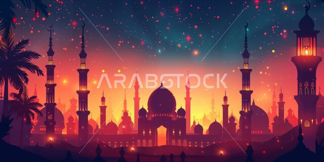 دعوة المسلمين إلى الصلاه, العباده والتقرب إلى الله, منظر غروب الشمس الساحر للمسجد الكبير, الفن الهندسي المعماري للمآذن والقبب على الطراز الإسلامي