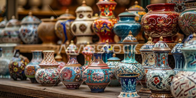 الأواني والمنتجات الفخارية المصنوعة من الطين، متجر لبيع أواني الفخار في السوق الشعبي التقليدي، مهن وصناعات يدوية شعبية تراثية قديمة بالمملكة العربية السعودية، شراء الهدايا التذكارية والفخارات الملونة والمزخرفة