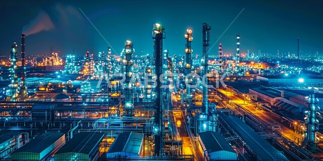 مستودعات وخزانات كبيرة وضخمة، إضاءة الأبراج والهياكل المعدنية في وقت الليل, مصانع ومعامل النفط في المملكة العربية السعودية, مفهوم هندسة البترول في دول الخليج, مصفاة تكرير النفط والغاز, صناعات ومشاريع بتروكيماوية، النهضة بالاقتصاد الوطني السعودي
