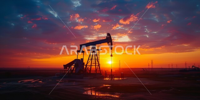 استنباط النفط والزيوت، الثروات الباطنية في المملكة العربية السعودية، جودة أدوات ومعدات استخراج البترول، صورة ظلية لحفارة تقوم بالتنقيب عن النفط في الصحراء وقت غروب الشمس، سالويت