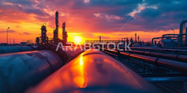 صناعات ومشاريع بيتروكيماوية، مصانع ومعامل المملكة العربية السعودية، صورة ظليلية لمصنع تكرير النفط والغاز في وقت غروب الشمس، مستودعات ضخمة و كبيرة، هندسات ومعدات صناعية