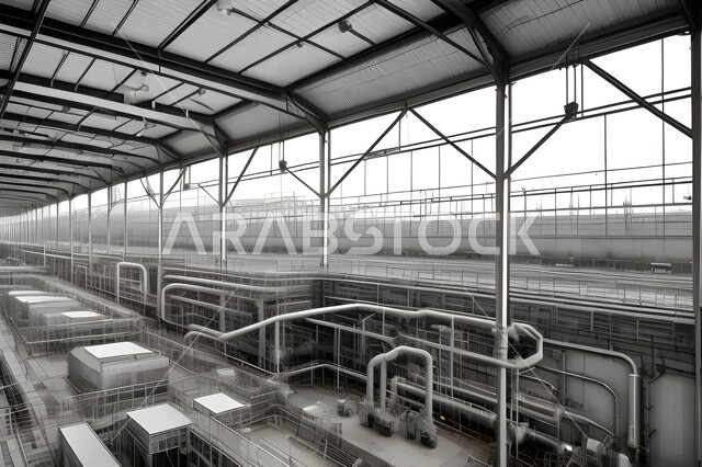 Adopting modern technologies in gas production in Saudi Arabia, following up on the progress of work in factories, the interior of a large industrial building equipped with pipes, heavy equipment and tools, the concept of engineering and industry