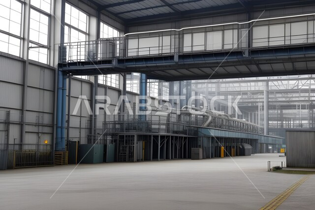 اعتماد التقنيات الحديثة في إنتاجية الغاز في السعودية, متابعة سير الاعمال في المصانع, الجزء الداخلي لمبنى صناعي كبير مزود بانابيب, معدات وأدوات ثقيلة, مفهوم الهندسة والصناعة