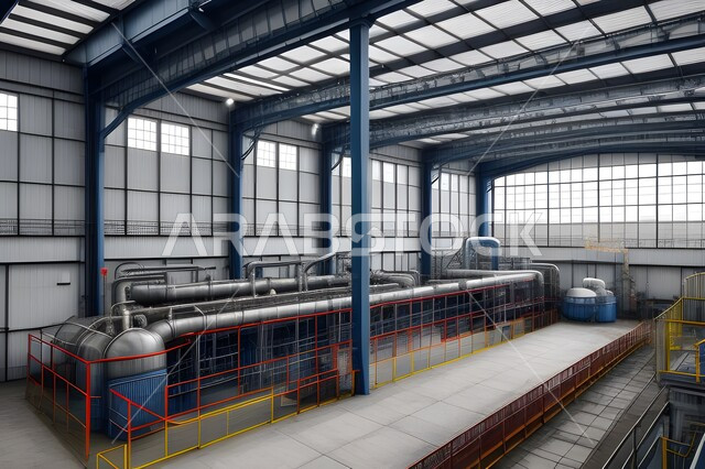 Adopting modern technologies in gas production in Saudi Arabia, following up on the progress of work in factories, the interior of a large industrial building equipped with pipes, heavy equipment and tools, the concept of engineering and industry