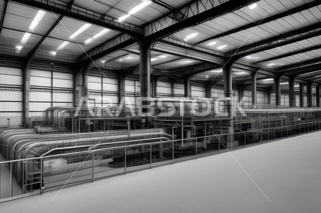 اعتماد التقنيات الحديثة في إنتاجية الغاز في السعودية, متابعة سير الاعمال في المصانع, الجزء الداخلي لمبنى صناعي كبير مزود بانابيب, معدات وأدوات ثقيلة, مفهوم الهندسة والصناعة