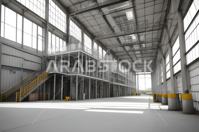 اعتماد التقنيات الحديثة في السعودية, متابعة سير الاعمال في المصانع, الجزء الداخلي لمبنى صناعي كبير, معدات وأدوات ثقيلة, مفهوم الهندسة والصناعة