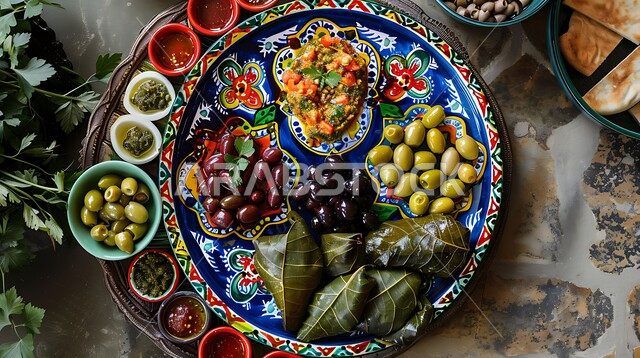 A close-up photo of a mixed appetizer dish, Arabic and popular food, delicious recipes, delicious meals, oriental restaurants
