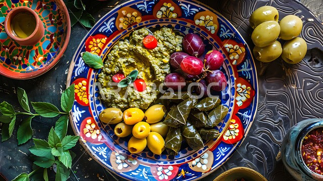 A close-up photo of a mixed appetizer dish, Arabic and popular food, delicious recipes, delicious meals, oriental restaurants