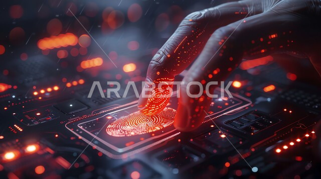 Securing and protecting sensitive information from cyber attacks using fingerprint scanning concept, cyber security and information preservation concept, close-up of a Saudi Arabian Gulf man's hand pressing his finger to unlock a security lock using modern technology, fingerprint scanner, fingerprint entry security system