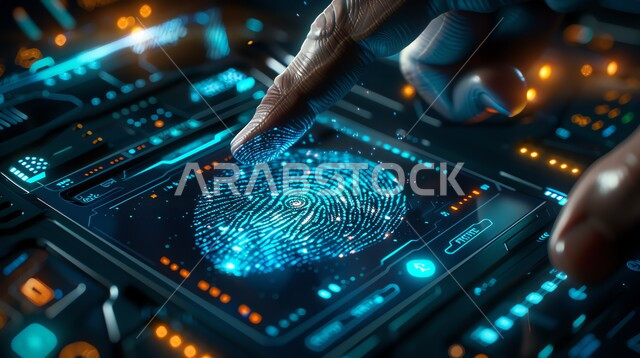 تأمين المعلومات الحساسة وحمايتها من الهجمات الإلكترونية باستخدام مفهوم مسح البصمات، مفهوم الأمن السيبراني والحفاظ على المعلومات، صورة مقربة ليد رجل خليجي سعودي يضغط بأصبعه لفك قفل الأمان بتقنية حديثة, ماسح ضوئي لبصمات الأصابع, نظام أمني للدخول ببصمة الاصبع