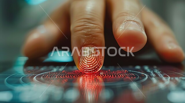 صورة مقربة ليد رجل خليجي سعودي يضغط بأصبعه لفك قفل الامان بتقنية حديثة, ماسح ضوئي لبصمات الاصابع,  مفهوم أمن تكنولوجيا المعلومات، نظام امني و الدخول  ببصمة الاصبع, مفهوم الأمن السيبراني