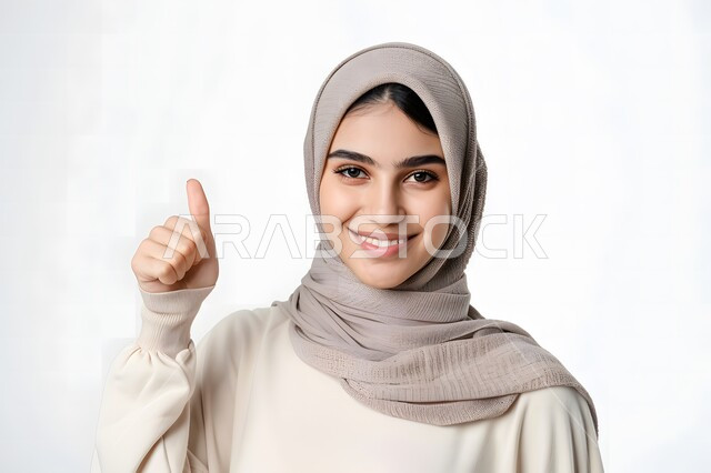 مفهوم القبول والموافقه، تعابير الإعجاب والرضى، بورتريه مقرب لامرأه عربيه خليجيه سعودية محجبة مبتسمة ترفع إصبع الابهام دليل على الامتياز والجودة، شابة سعودية انيقة، ايماءات السعادة والسرور، خلفية بيضاء 