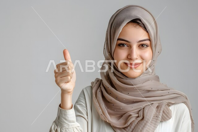مفهوم القبول والموافقه، تعابير الإعجاب والرضى، بورتريه مقرب لامرأه عربيه خليجيه سعودية محجبة مبتسمة ترفع إصبع الابهام دليل على الامتياز والجودة، شابة سعودية انيقة، ايماءات السعادة والسرور، خلفية رمادية 