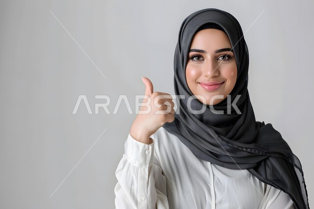 مفهوم القبول والموافقه، تعابير الإعجاب والرضى، بورتريه مقرب لامرأه عربيه خليجيه سعودية محجبة مبتسمة ترفع إصبع الابهام دليل على الامتياز والجودة، شابة سعودية انيقة، ايماءات السعادة والسرور، خلفية رمادية 