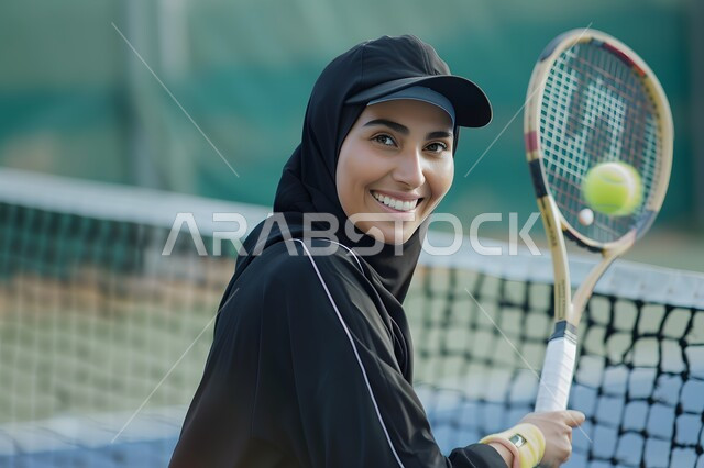 مفهوم التركيز وسرعة البديهة، فتاة عربية خليجية سعودية محجبة، تحمل بيدها مضرب التنس وترتدي الملابس الرياضية، ممارسة لعبة كرة التنس، أنشطة رياضية نسائية في السعودية، نادي رياضي خاص بالنساء، الفريق السعودي النسائي بلعبة كرة المضرب