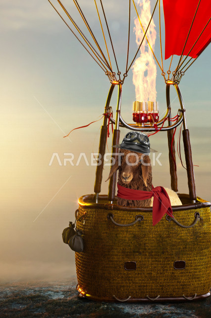 غنمة (ضأن) بني الرأس تنظر إلى الكاميرا ، داخل منطاد الهواء الساخن يطير فوق الطبيعة البرية ، صورة مقربة لخروف العيد ، أضحية عيد الأضحى المبارك ، لحم ضاني ، رعي الغنم في المملكة العربية السعودية