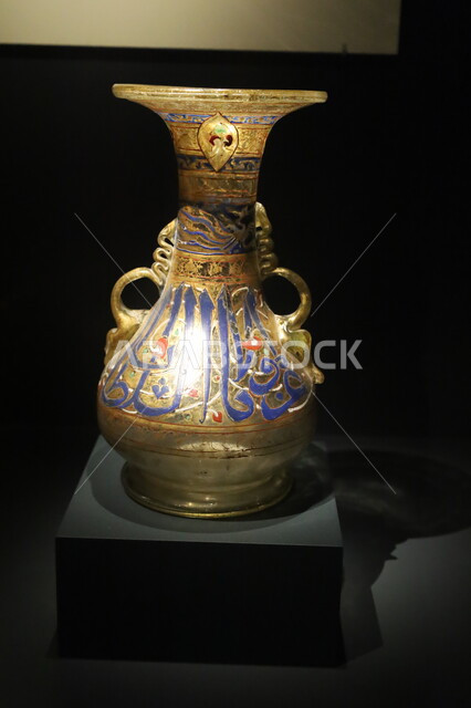 Colourful writings and decorations on Mamluk glass, Biennale Museum of Islamic Arts in the Kingdom of Saudi Arabia, famous cultural landmarks in the city of Jeddah, distinctive religious artifacts and collectibles, attractions and destinations for tourists and visitors to learn about the history of the Holy Land