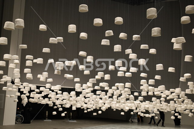 صالة الحجاج الممتلئة بالقبعات البيضاء المعلقة بالسقف، متحف بينالي للفنون الإسلامية في جدة بالمملكة العربية السعودية, وجهات جذب واستقطاب السياح والزوار للتعرف على تاريخ الأراضي المقدسة، المعالم الثقافية المشهورة، التحف والمقتنيات الدينية الأثرية المميزة