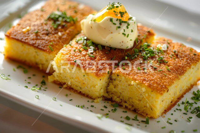 المأكولات و الأطعمة الشهية، فنون تقديم الطعام في مطاعم المملكة العربية السعودية، أطباق عربية شرقية مشهورة, خبز الذرة اللذيذ مع زينة الثوم المعمر والزبدة الكريمية