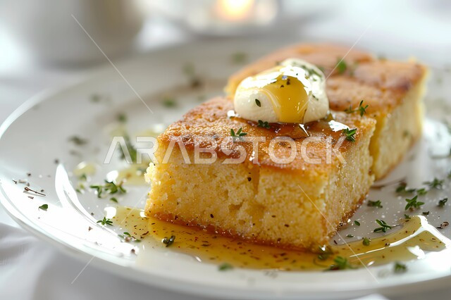 المأكولات و الأطعمة الشهية، فنون تقديم الطعام في مطاعم المملكة العربية السعودية، أطباق عربية شرقية مشهورة, خبز الذرة اللذيذ مع زينة الثوم المعمر والزبدة الكريمية