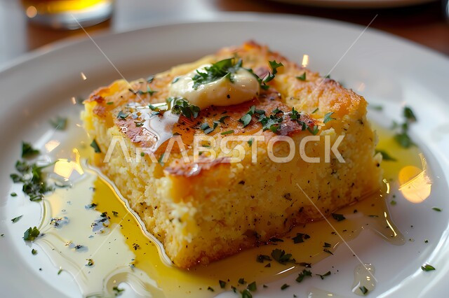 المأكولات و الأطعمة الشهية، فنون تقديم الطعام في مطاعم المملكة العربية السعودية، أطباق عربية شرقية مشهورة, خبز الذرة اللذيذ مع زينة الثوم المعمر والزبدة الكريمية