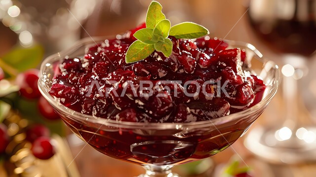 Delicious oriental Arabic desserts, delicious cold dessert, elegant cranberry compote with rosemary sprigs, foods and meals full of sugars and calories, the art of food presentation in restaurants in the Kingdom of Saudi Arabia