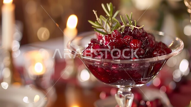 فنون تقديم الطعام في مطاعم المملكة العربية السعودية، أطباق من الحلويات العربية الشرقية الشهية، حلا بارد لذيذ, كومبوت التوت البري الأنيق مع أغصان إكليل الجبل, مأكولات وأطعمة مليئة بالسكريات والسعرات الحرارية