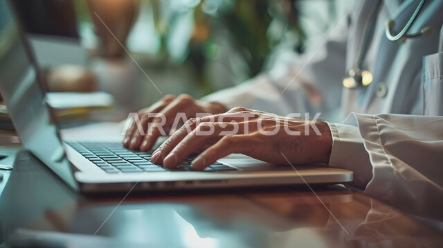 دمج التكنولوجيا بالطب، القطاع الطبي بالمملكة العربية السعودية, مفهوم الرعاية الصحية، صورة مقربة ليدي طبيب عربي خليجي سعودي يرتدي المعطف الأبيض ويضع سماعة الفحص حول عنقه يعمل على الحاسوب المحمول في العيادة, تقديم الاستشارات