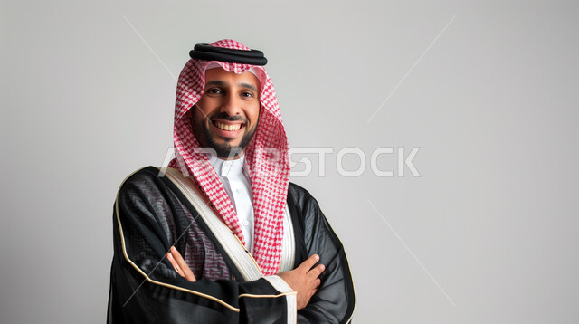 مفهوم الأناقة و الاهتمام بالمظهر الخارجي, بورتريه مقرب لرجل عربي خليجي سعودي مبتسم يرتدي الثوب التقليدي و الشماغ ينظر إلى الكاميرا بإيماءات السعادة و السرور و أيدي متقاطعة, خلفية رمادية