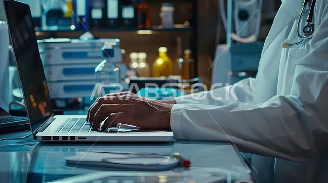 دمج التكنولوجيا بالطب، القطاع الطبي بالمملكة العربية السعودية, مفهوم الرعاية الصحية، صورة مقربة ليدي طبيب عربي خليجي سعودي يرتدي المعطف الأبيض ويضع سماعة الفحص حول عنقه يعمل على الحاسوب المحمول في العيادة, تقديم الاستشارات والنصائح للمرضى عن بعد