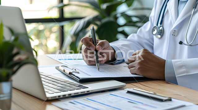 دمج التكنولوجيا بالطب، القطاع الطبي بالمملكة العربية السعودية, مفهوم الرعاية الصحية، صورة مقربة ليدي طبيب عربي خليجي سعودي يرتدي المعطف الأبيض ويضع سماعة الفحص حول عنقه يعمل على الحاسوب المحمول في العيادة, تقديم الاستشارات والنصائح للمرضى عن بعد