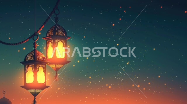 البهجة بقدوم شهر الخير, ديكورات وزينة رمضان المبارك, فوانيس معدنية تقليدية معلقة مضاءة, الأجواء الروحانية الرمضانية, الاحتفال بالمناسبات والأعياد الدينية الإسلامية, خلفية ملونة