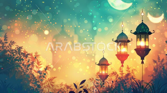ديكورات وزينة رمضان المبارك, فوانيس معدنية تقليدية معلقة مضاءة، الأجواء الروحانية الرمضانية, الاحتفال بالمناسبات والأعياد الدينية الإسلامية، البهجة بقدوم شهر الخير, خلفية ملونة