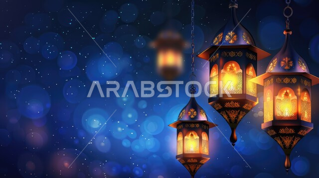 فوانيس معدنية تقليدية معلقة مضاءة، الأجواء الروحانية الرمضانية, الاحتفال بالمناسبات والأعياد الدينية الإسلامية، البهجة بقدوم شهر الخير, ديكورات وزينة رمضان المبارك, خلفية ملونة