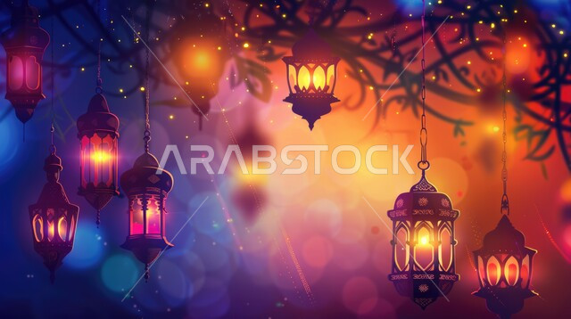 الاحتفال بالمناسبات والأعياد الدينية الإسلامية، البهجة بقدوم شهر الخير, ديكورات وزينة رمضان المبارك, فوانيس معدنية تقليدية معلقة مضاءة, الأجواء الروحانية الرمضانية, خلفية ملونة