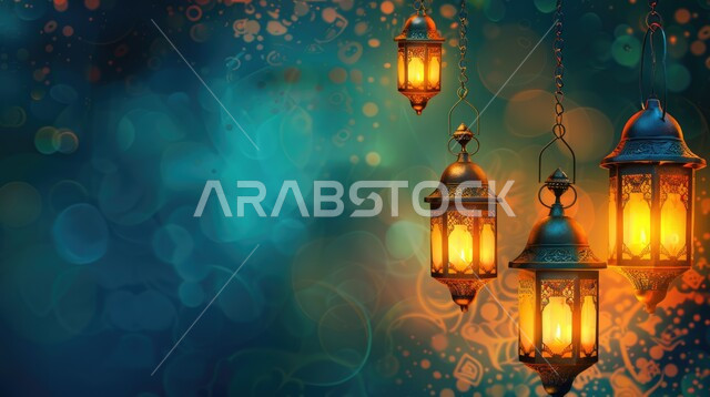 البهجة بقدوم شهر الخير, ديكورات وزينة رمضان المبارك, فوانيس معدنية تقليدية معلقة مضاءة, الأجواء الروحانية الرمضانية, الاحتفال بالمناسبات والأعياد الدينية الإسلامية, خلفية ملونة