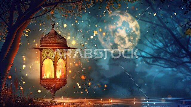 الاحتفال بالمناسبات والأعياد الدينية الإسلامية، البهجة بقدوم شهر الخير, ديكورات وزينة رمضان المبارك, فوانيس معدنية تقليدية معلقة مضاءة, الأجواء الروحانية الرمضانية, خلفية ملونة