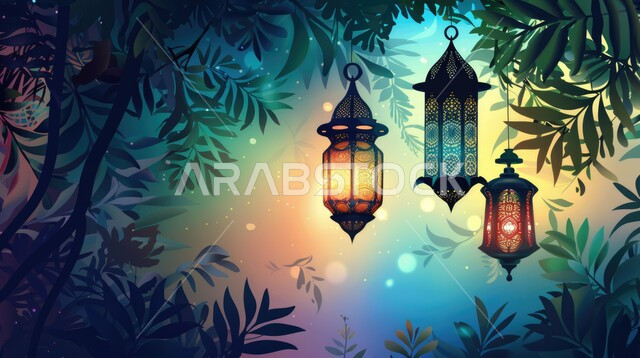 الأجواء الروحانية الرمضانية, الاحتفال بالمناسبات والأعياد الدينية الإسلامية، البهجة بقدوم شهر الخير, ديكورات وزينة رمضان المبارك, فوانيس معدنية تقليدية معلقة مضاءة, خلفية ملونة